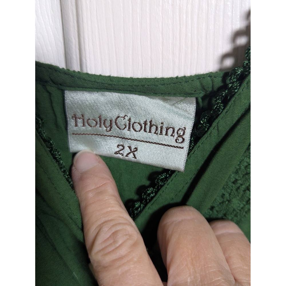HolyClothing Green Cotton Lace Tiered Maxi Dress Smocked Waist Renaissance 2X - Picture 3 of 12
